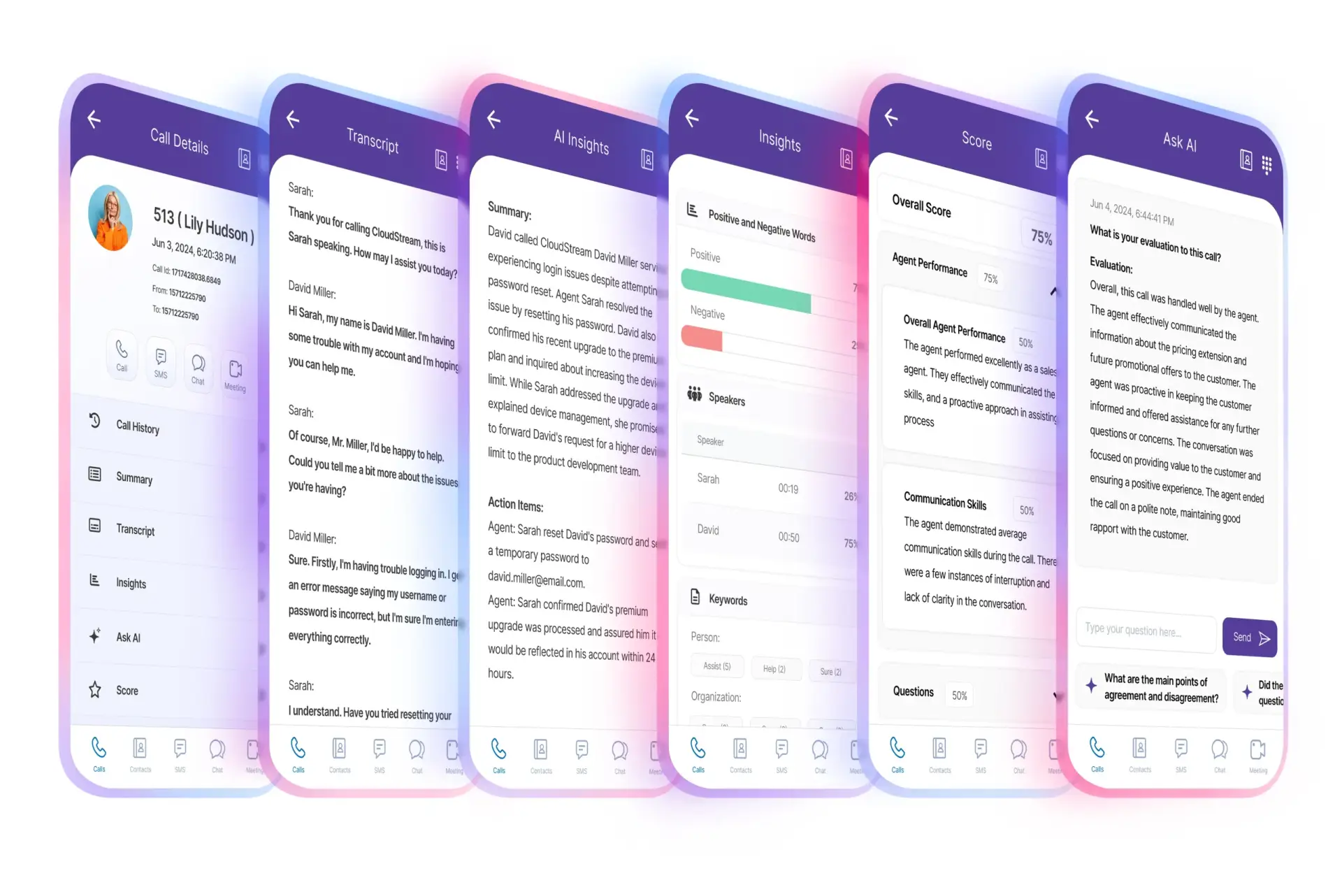 Ultatel cloud phone system driven by AI, screenshots from the hub mobile app showing the AI feature, Ask AI, call score, AI insights and transcript