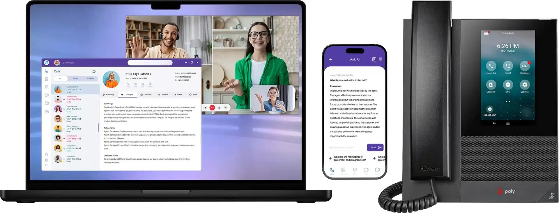 A Laptop showing a cloud phone system in action, Ultatel Hub, with AI features, AI insights summary and a video call, mobile showing Ultatel Hub ask AI and a VoIP Phone.