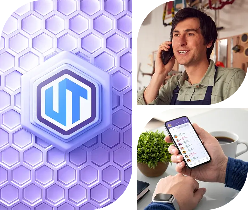 About Ultatel, Business Owner speaking over the phone, mobile, honeycomb, Ultatel logo, Ultatel Hub on iPhone