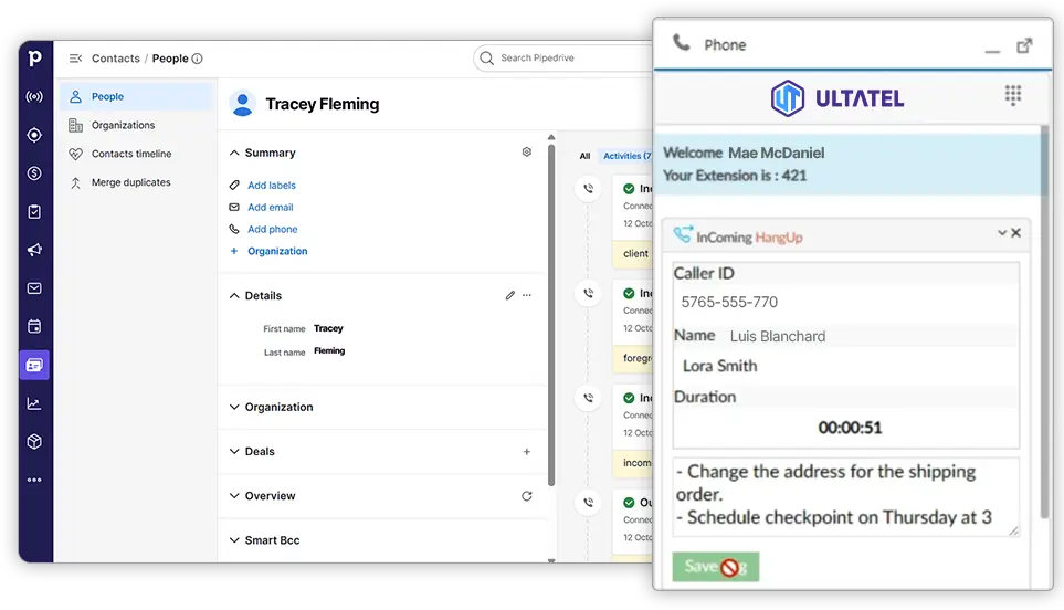 Ultatel Pipedrive Integration call-logging