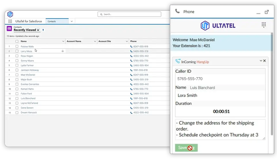 Ultatel Salesforce-integration call logging