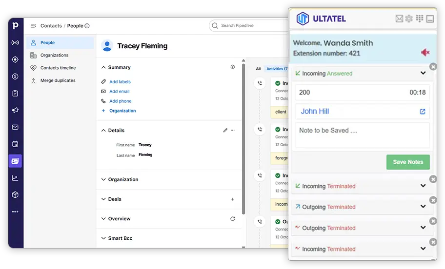 Ultatel Pipedrive integration call-pop